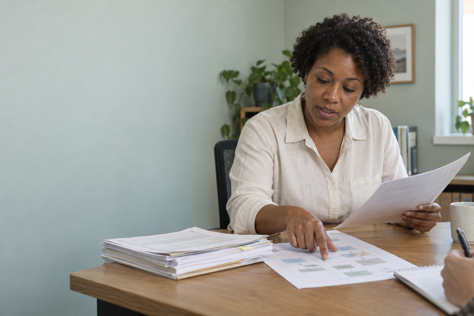 Practitioner explaining a case using paper records and a workflow at her desk.