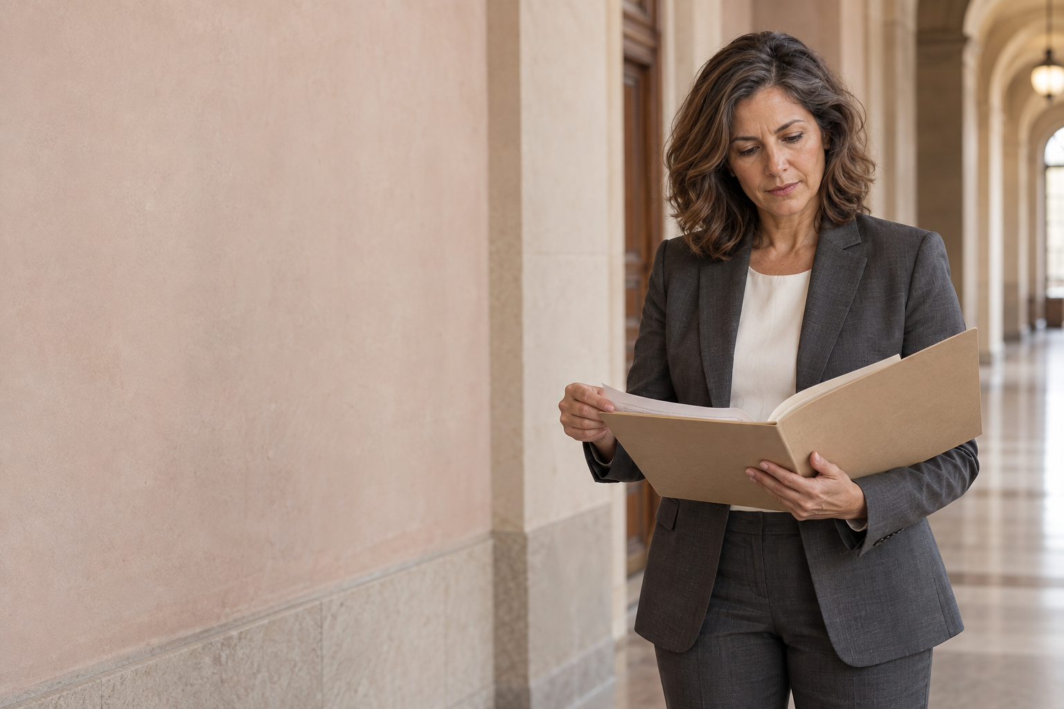 Legal professional standing in a court corridor, reviewing an open case folder.